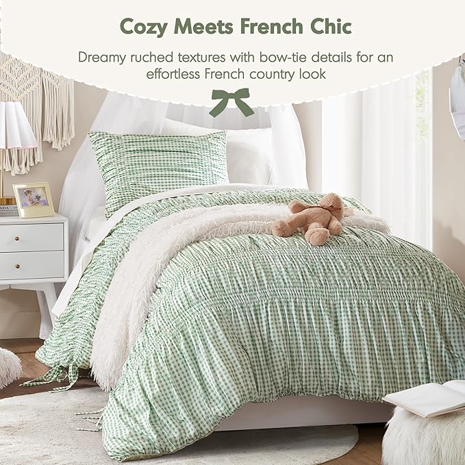 Intelligent Design Ella Twin Comforter Set – Ruched Gingham Shabby Chic Bedding, Bow-Tie Detail, All Season Lightweight 3 Piece Bedding Set, Sham, Twin/Twin XL, Green
