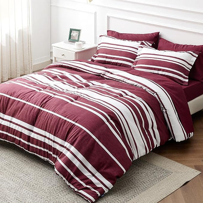 Bedsure Full Comforter Set 7 Pieces, Burgundy Striped Bedding Set for All Seasons, Reversible, Cationic Dyeing Bed in a Bag with Comforter, Sheets, Pillowcases & Shams