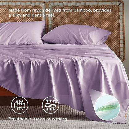 Bedsure King Size Sheets Set, Cooling Sheets for Hot Sleepers, Rayon Derived from Bamboo, PureWoven, Breathable & Soft, Deep Pocket Up to 16 Inches, Hotel Luxury Silky Bedding, Lilac