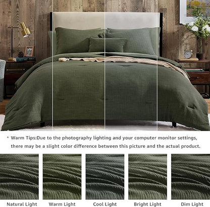 Geniospin Dark Olive Green Queen Comforter Set - 7 Pieces Comforter Queen Size, Solid Bedding Set for All Season, Textured Bed in a Bag with Sheets