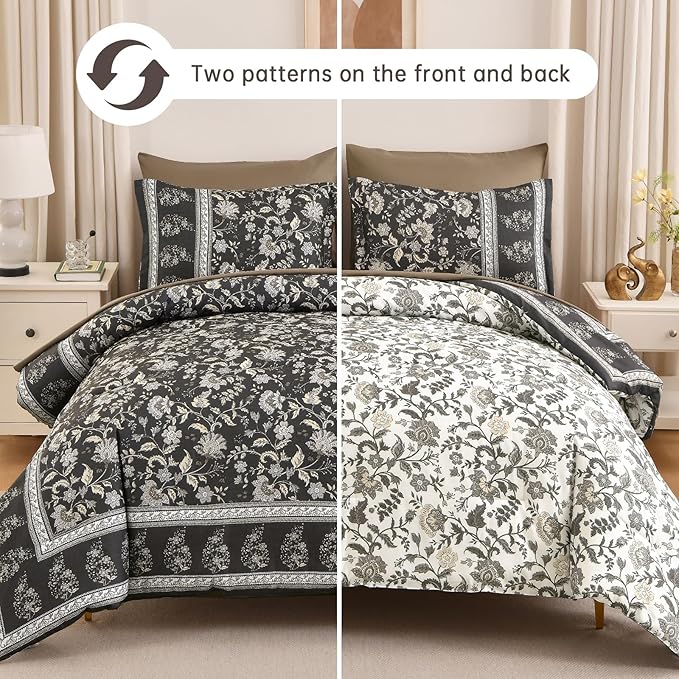 Dinjoy Comforter Set King Size Boho, Reversible Brown Gray Bedding Paisley Floral 7 Piece Bed in a Bag Soft Lightweight Bohemain Comforters with Sheet Sets for All Season