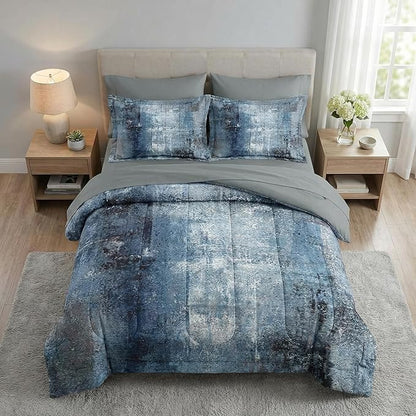 7 Pcs King Size Comforter Set with 2 Pillowcases & 2 Shams, Navy Indigo Blue Bedding for Kids and Adults, Contemporary Abstract Gray Bed in a Bag with Flat Fitted Sheet