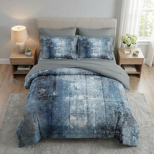 5 Pcs Twin Size Comforter Set with Pillowcase & Sham, Navy Indigo Blue Bedding for Kids and Adults, Contemporary Abstract Gray Bedding Set with Flat Fitted Sheet