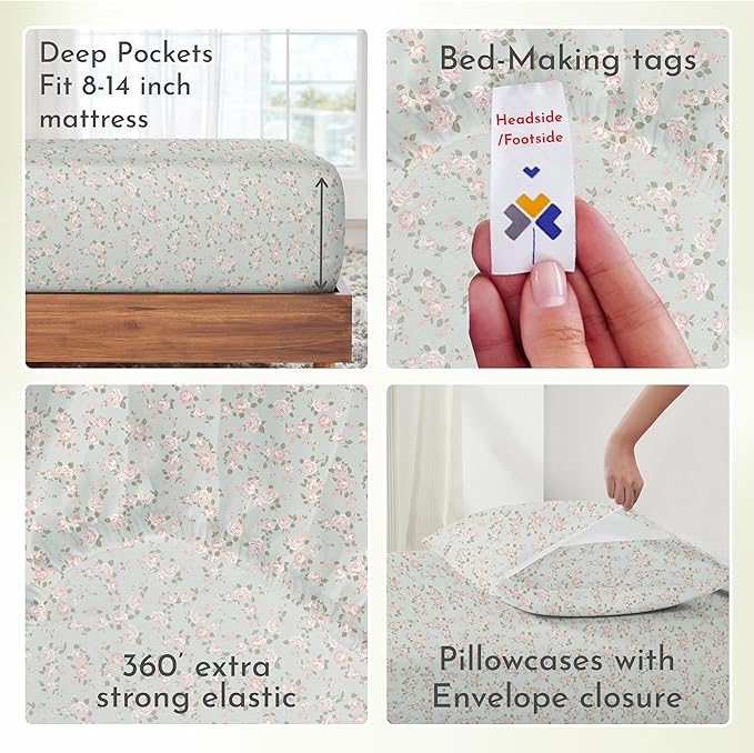 California Design Den Printed Pattern Rose Queen Sheet Set, 100% Cotton Sateen Deep Pocket Queen Sheets & Pillowcase Set - Vintage Rose