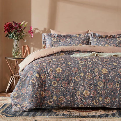 Cupocupa King Duvet Cover Set - 3pc Paisley Bedding - Vintage Boho Cottagecore Floral Print, Soft Microfiber Botanical Quilt Cover with Pillowcases (King, 104"x90")