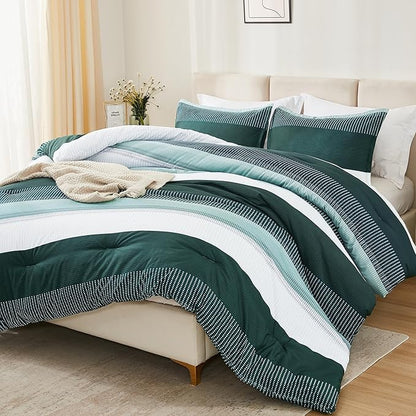 Litanika Dark Emerald Green Bed Comforter Twin/Twin XL Set, 2 Pieces Twin Extra Long Size Boys Men Forest Bedding Set, Single Colorblock Striped Bed Set
