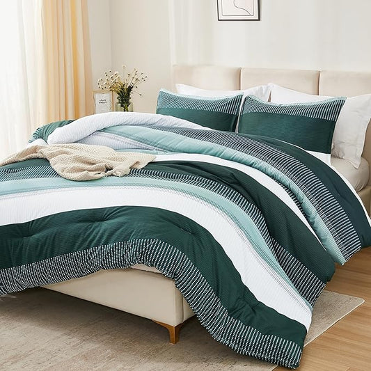 Litanika Dark Emerald Green King Bed Comforter Set, 3 Pieces Bedding Set, Colorblock Stripe Vintage Bed Set (104x90In Comforter & 2 Pillowcases)