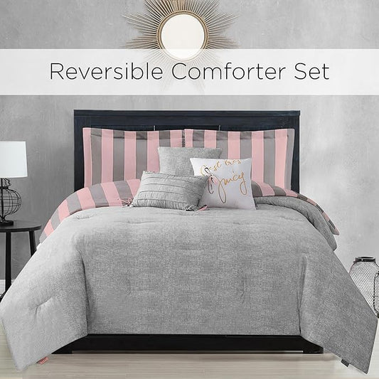 Juicy Couture Cabana Stripe Reversible Bedding Set - Queen/Full Size - Pink and Grey Stripe Print - 6 Piece Set - Includes 1 90 x 90 Comforter, 3 Decorative Pillows, 2 Shams