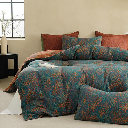 BISELINA 100% Cotton Muslin Duvet Cover Set King, 3 Pcs Yarn-Dyed Jacquard Textured Reversible Floral Design, Soft and Breathable Bedding Set with Zipper Closure, Blue Orange