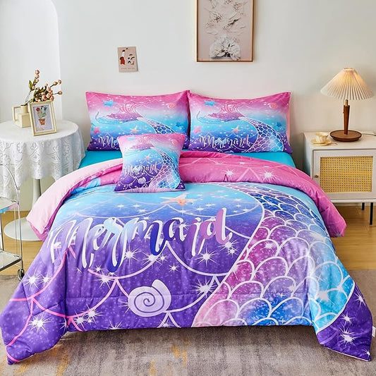 RYNGHIPY Mermaid Comforter Set 6Pcs, Kids Gilrs Bed in a Bag Queen Size, Mermaid Tail Print Teens Girls Bedding Set, Rainbow Bedding Collections