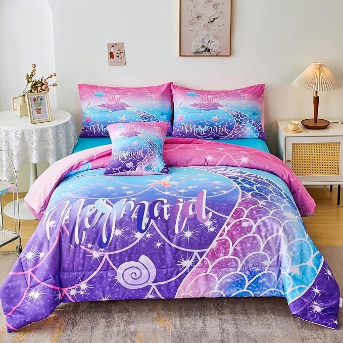 RYNGHIPY Mermaid Comforter Set 6Pcs, Kids Gilrs Bed in a Bag Twin Size, Mermaid Tail Print Teens Girls Bedding Set, Rainbow Bedding Collections