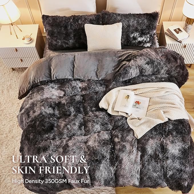 Andency Faux Fur Tie-Dyed Dark Grey Comforter Set Full Size, 3 Pieces Fluffy Fuzzy Plush Bedding Comforter Set (1 Shaggy Velvet Comforter & 2 Pillowcases), Soft Puffy Down Comforter Bedding Set