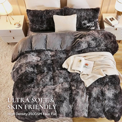 Andency Faux Fur Tie-Dyed Dark Grey Comforter Set Full Size, 3 Pieces Fluffy Fuzzy Plush Bedding Comforter Set (1 Shaggy Velvet Comforter & 2 Pillowcases), Soft Puffy Down Comforter Bedding Set