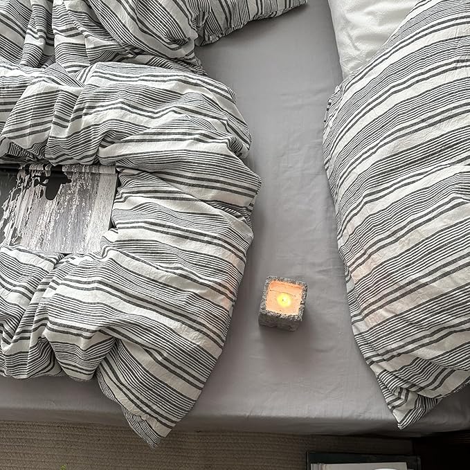 VM VOUGEMARKET Pinstripes Comforter Set Queen Washed Cotton Vertical Striped Neutral Bedding Set 1 Comforter and 2 Pillowcase (Grey White)