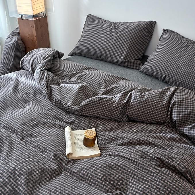 EAVD Vintage Style Dark Grey Plaid Duvet Cover King 100% Washed Cotton Like Linen Feel Soft Red Grid Gingham Bedding Set with 2 Pillowcases Reversible Retro Dark Grey Gingham Duvet Cover with Zipper
