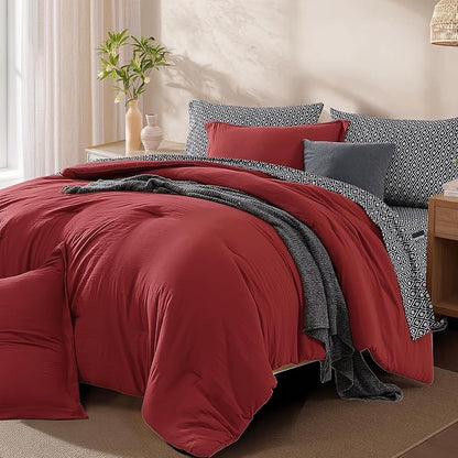 Monbix King Size Comforter Set - 7 Pieces Bright Red Prewashed Bed in a Bag King Bedding Sets with Comforters, All Seasons Ultra Soft Comforter Bed Set with Sheets, Pillowcases & Shams