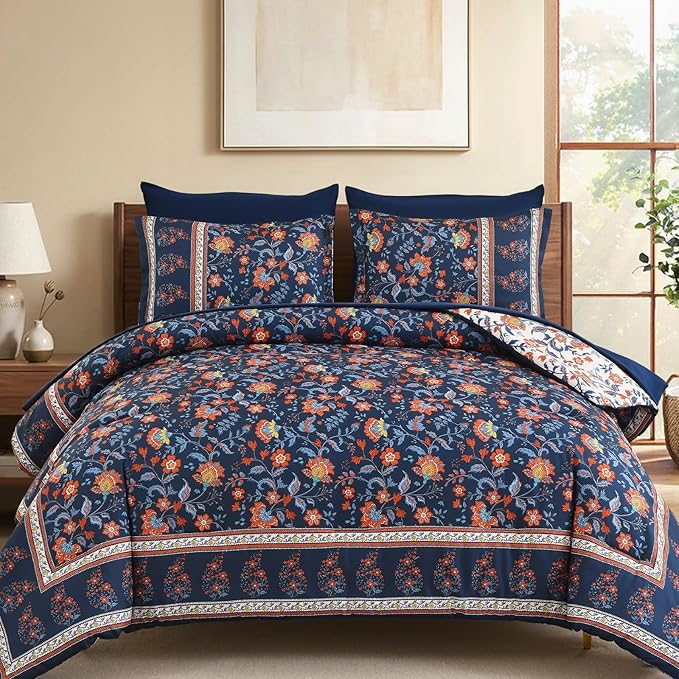 Dinjoy Comforter Set King Size Boho, Reversible Navy Bedding Paisley Floral 7 Piece Bed in a Bag Soft Lightweight Bohemain Comforters with Sheet Sets for All Season
