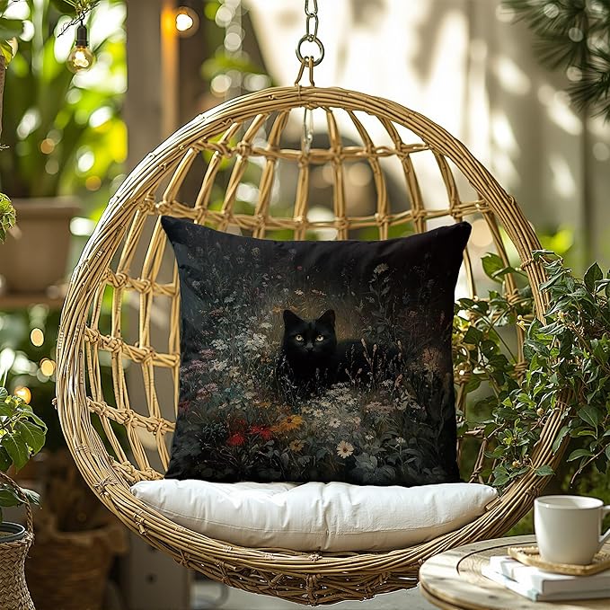 Vintage Floral Black Cat Pillow Covers 18x18, cat Gifts for Women,Dark Cottagecore Flower Decor, Gothic Moody Black Kitten Pillowcase for Prayer Room，Aesthetic Black Cats Vintage Cats Decor