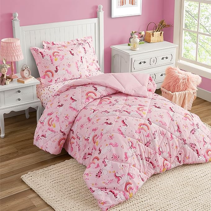 Twin Unicorn Comforters for Girls, 2 Pieces Kids Unicorn Bedding Kids Comforter Sets, Super Soft Lightweight for All Season, Includes 1 Comforter (66"x86") and 1 Pillowcase (20"x26"+2")