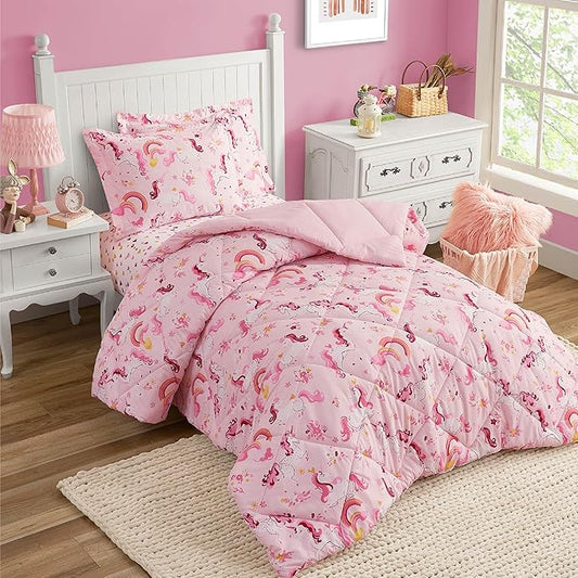 Twin Unicorn Comforters for Girls, 2 Pieces Kids Unicorn Bedding Kids Comforter Sets, Super Soft Lightweight for All Season, Includes 1 Comforter (66"x86") and 1 Pillowcase (20"x26"+2")