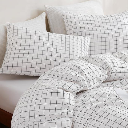 TOCOMOA Checkered Duvet Cover Set 100% Natural Cotton Soft Comfy Breathable 3 Piece White and Black Gingham Pattern Printed Comforter Cover Bedding Set (Queen 90"x90", Comforter Not Included)