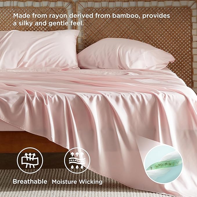 Bedsure Queen Sheet Set, Rayon Derived from Bamboo, Cooling Sheets, PureWoven, Breathable & Soft, Deep Pocket Up to 16 Inches, Hotel Luxury Silky Bedding for Hot Sleepers, Pink