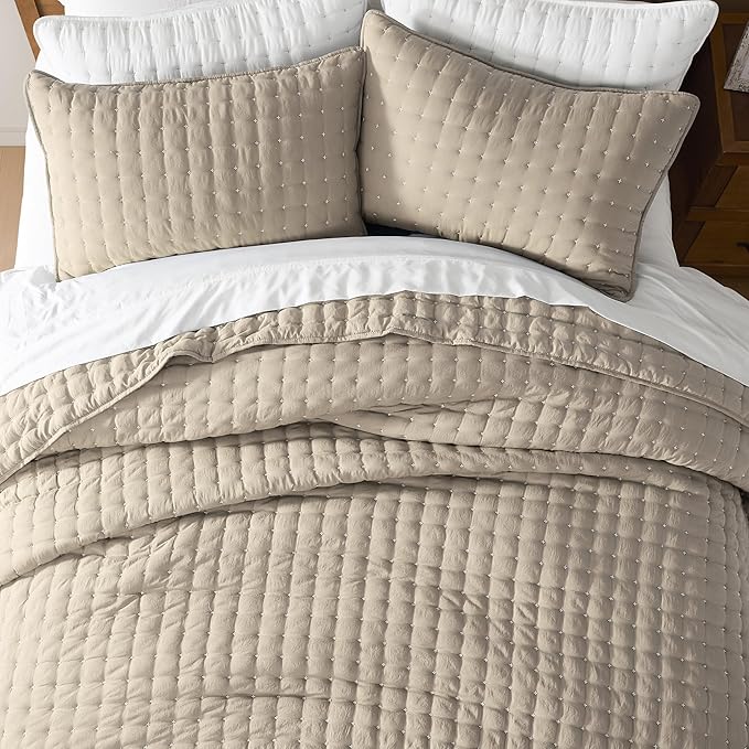 WDCOZY Beige Twin Size Quilt Bedding Sets with Pillow Sham, Tan Cream Lightweight Bedspread Coverlet, Quilted Blanket Thin Comforter Bed Cover, All Season Summer Spring, 2 Pieces, 68x90 inches