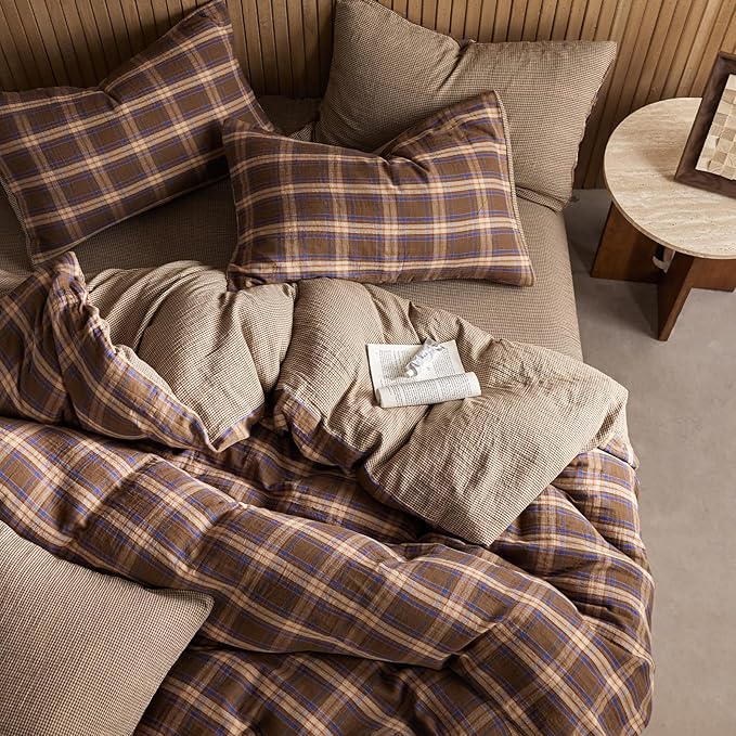 EAVD Vintage Style Brown&Blue Buffalo Plaid Duvet Cover King Soft 100% Cotton Muslin Blue Brown Grid Plaid Bedding Set with 2 Pillowcases Farmhouse Gingham Duvet Cover with Zipper Closure