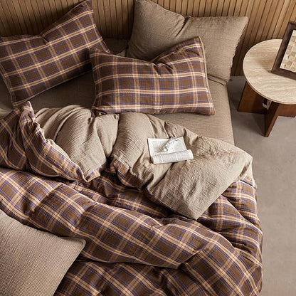 EAVD Vintage Style Brown&Blue Buffalo Plaid Duvet Cover King Soft 100% Cotton Muslin Blue Brown Grid Plaid Bedding Set with 2 Pillowcases Farmhouse Gingham Duvet Cover with Zipper Closure