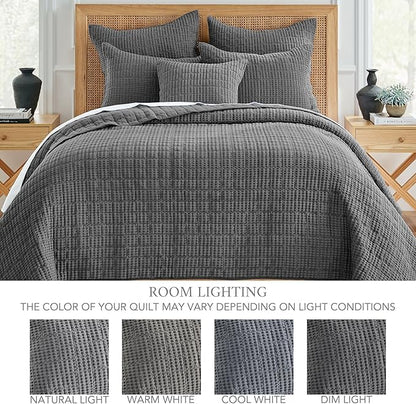 Levtex Home Mills Waffle Full Bedspread Set (100x104in) with 2 Pillow Shams (26x20in) - Charcoal - 100% Cotton Full Size Bedspread Set - Lightweight, Soft, Pre-Washed