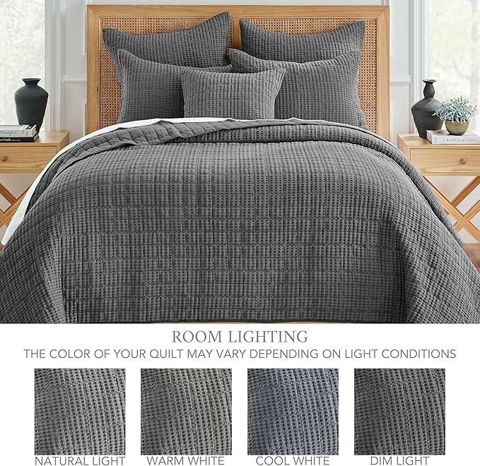 Levtex Home Mills Waffle Full/Queen Quilt Set (88x92in) with 2 Pillow Shams (26x20in) - Charcoal - 100% Cotton Full/Queen Size Quilt Bedding Set - Lightweight, Soft, Pre-Washed