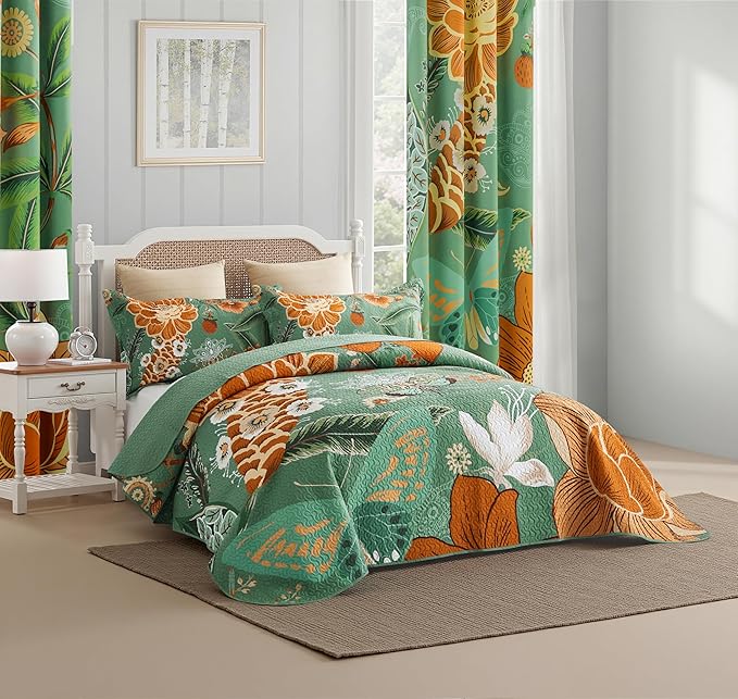 3 Piece Sage Green Boho Floral Californial King Quilt Sets Farmhouse Botanical Reversible Lightweight Bedspread with 2 Shams Butterfly Microfiber Bedding Quilts Set for All Season,118''x106''