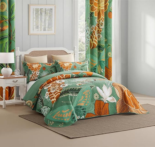 3 Piece Sage Green Boho Floral Californial King Quilt Sets Farmhouse Botanical Reversible Lightweight Bedspread with 2 Shams Butterfly Microfiber Bedding Quilts Set for All Season,118''x106''
