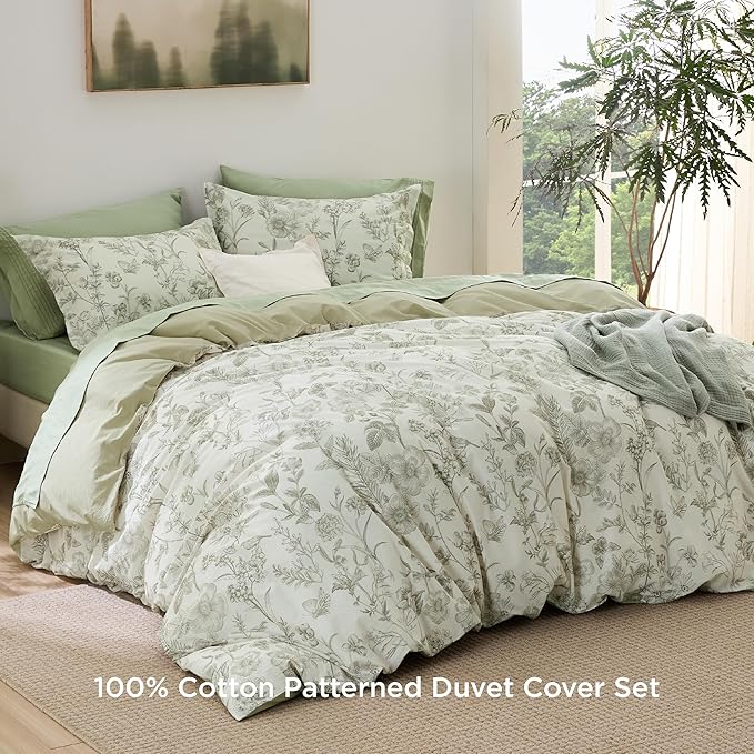 Bedsure Duvet Cover King Size - 100% Cotton Reversible Floral King Duvet Cover Set with Zipper Closure, 3 Pieces Soft & Breathable PureWoven Botanical Green Bedding Set with 2 Pillow Shams 20"x36"