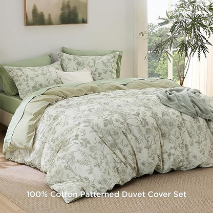 Bedsure Duvet Cover King Size - 100% Cotton Reversible Floral King Duvet Cover Set with Zipper Closure, 3 Pieces Soft & Breathable PureWoven Botanical Green Bedding Set with 2 Pillow Shams 20"x36"