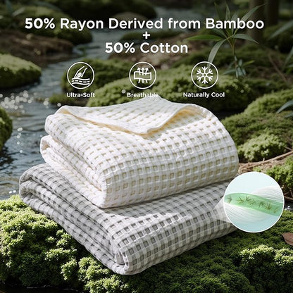 Bedsure Cooling Cotton Waffle Weave Blanket - Lightweight Breathable Blanket of Rayon Derived from Bamboo for Hot Sleepers, Luxury Throws for Bed, Couch and Sofa, Grey, 50x70 Inches