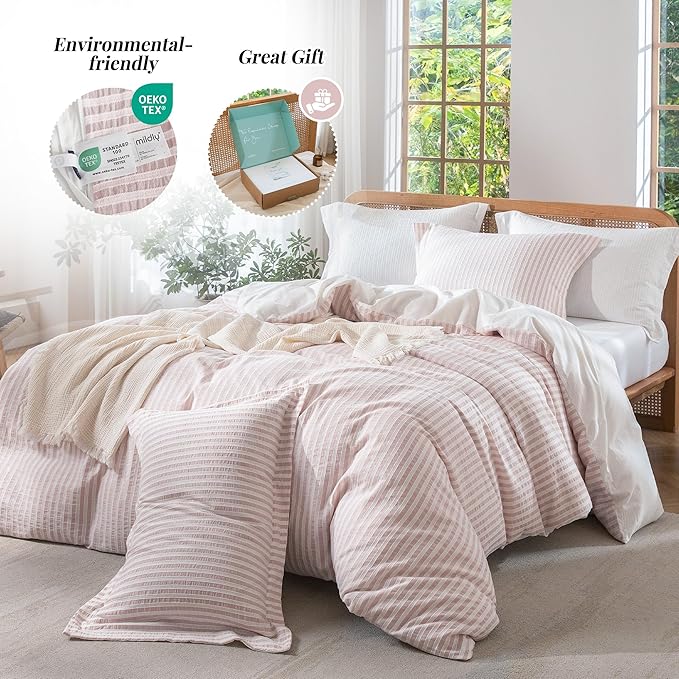 MILDLY Pink Striped Duvet Cover - 100% Washed Cotton Jacquard Boho Textured Comforter Cover 3pcs with Corner Ties Zipper Closure 90"x90"