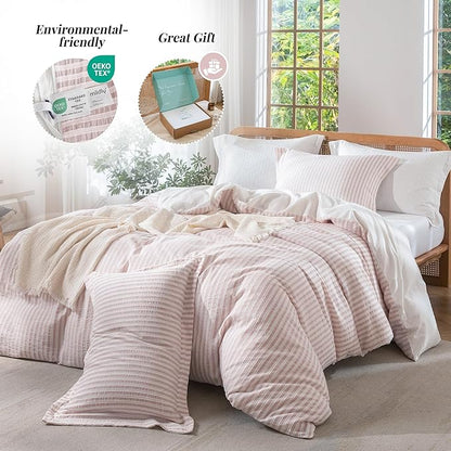 MILDLY Pink Striped Duvet Cover - 100% Washed Cotton Jacquard Boho Textured Comforter Cover 3pcs with Corner Ties Zipper Closure 104"x90"