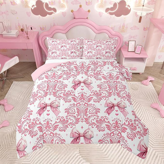 Feelyou Girls Pink Bowknot Comforter Set Full Size Goth Damask Comforter Victorian-Themed Bedding Set Baroque Duvet Set Vintage Floral Quilt Set 3Pcs