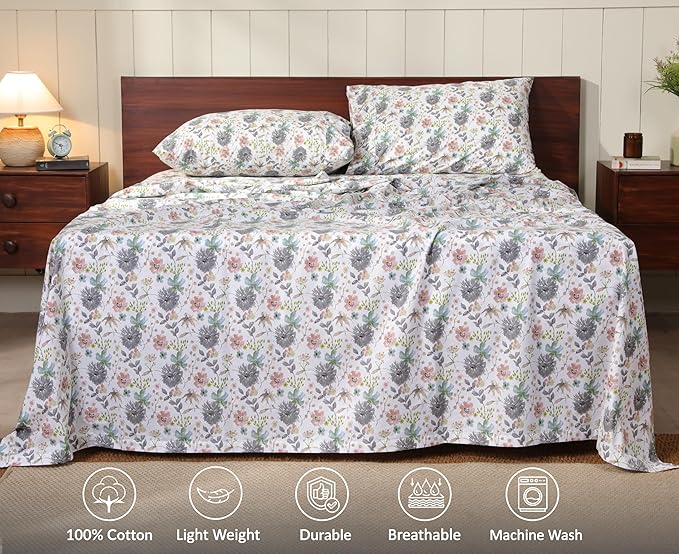 RUVANTI 100% Cotton Sheets – California King Percale Bedding, Cooling & Breathable Floral Design, Durable with a Crisp, Soft & Comfortable Feel, 14" Deep Pocket, 4-Piece Set, Dandelion Field