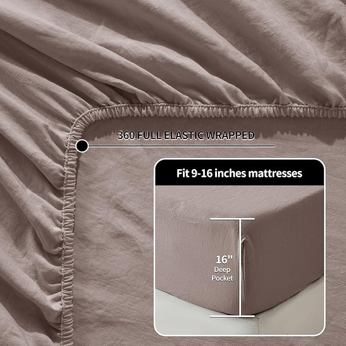 LBRO2M 100% Pure Linen Sheet Set Deep Pocket Up to 16" Bed Sheets Sets, Natural Flax Beddings Soft, Breathable, Comfortable for All Seasons 4 Pcs Sheet Set King Size, Mauve Desert