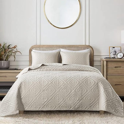 R.SHARE Beige Cream Tan Queen Size Quilt Bedding Sets with Pillow Shams, Boho Lightweight Soft Bedspread Coverlet, Quilted Blanket Thin Comforter Bed Cover for All Season, 3 Pieces, 90x90 inches