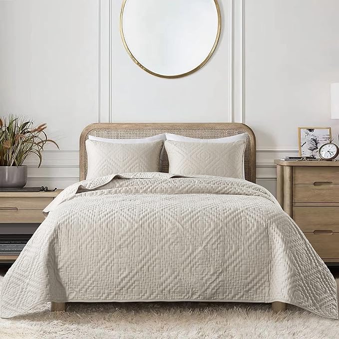 R.SHARE Beige Cream Tan King Size Quilt Bedding Sets with Pillow Shams, Boho Lightweight Soft Bedspread Coverlet, Quilted Blanket Thin Comforter Bed Cover for All Season, 3 Pieces, 104x90 inches