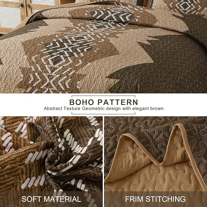 Dintszyayue Brown Quilt Set King Size Boho Aztec Texture Bedspread Coverlet Set 3 Piece Soft Lightweight Bedding Set Geometric Bohemian Bedspread with 2 Pillowcases(Dark Brown,90"x103")