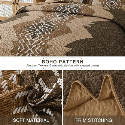 Dintszyayue Brown Quilt Set King Size Boho Aztec Texture Bedspread Coverlet Set 3 Piece Soft Lightweight Bedding Set Geometric Bohemian Bedspread with 2 Pillowcases(Dark Brown,90"x103")
