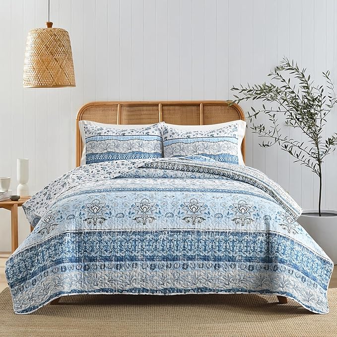 HORIMOTE HOME Boho Quilt King Size Blue Bohemian Floral Quilt Bedding Set, Soft Lightweight King Size Comforter Set for All Season, Farmhouse Bedspread Coverlet with 2 Pillow Shams, 106 x 96 inches
