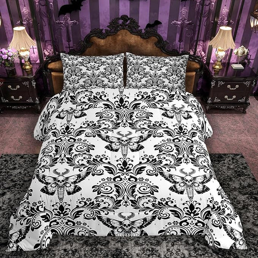Feelyou Adults White Vintage Damask Floral Comforter Set Oriental Antique Comforter Twin Size Gothic Bohemia Boho Flower Bedding Set Gothic Skull Duvet Set Quilt Set 2Pcs