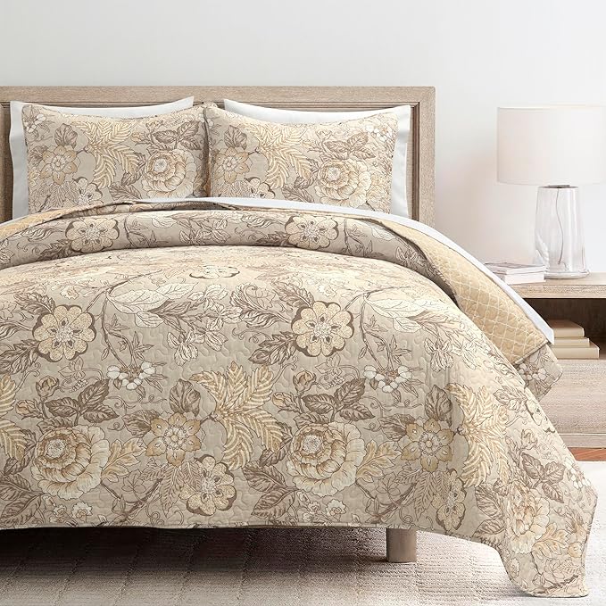 Lush Decor Sydney Reversible Cotton Quilt Neutral, 3 Piece Set, Full/Queen, Neutral - Cotton Bedding Set - Beige Floral Quilt - Cottage Decor - Bedding Queen Size
