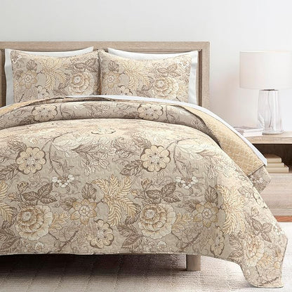 Lush Decor Sydney Reversible Cotton Quilt Neutral, 3 Piece Set, Full/Queen, Neutral - Cotton Bedding Set - Beige Floral Quilt - Cottage Decor - Bedding Queen Size
