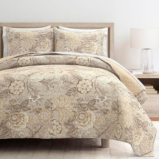 Lush Decor Sydney Reversible Cotton Quilt Neutral, 3 Piece Set, Full/Queen, Neutral - Cotton Bedding Set - Beige Floral Quilt - Cottage Decor - Bedding Queen Size